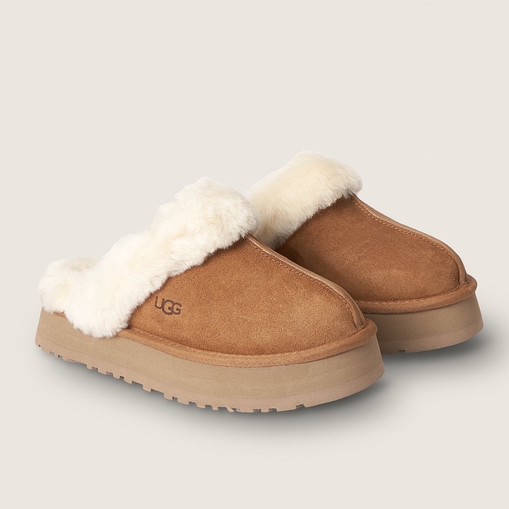 UGG Women’s Chestnut Suede Slip-On Mules with Cream Shearling Trim